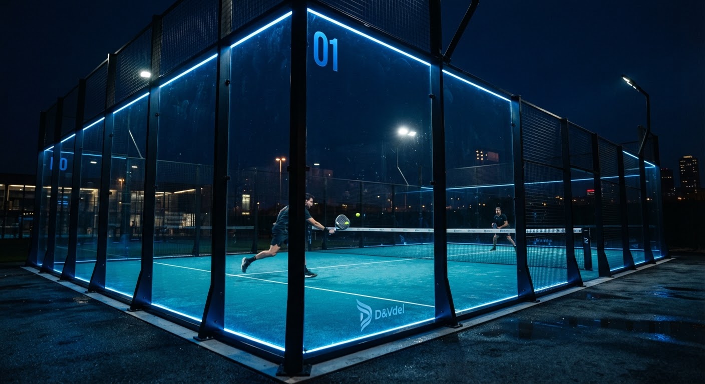 Padel-Court bei Nacht mit blauer Beleuchtung